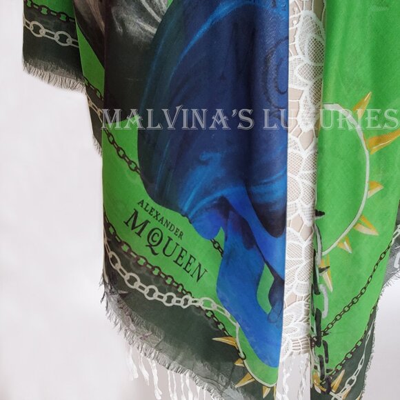 ALEXANDER MCQUEEN SCARF CHAINED PANTHER SKULLS SILK MODAL LOGO SQUARE 54" - Picture 5 of 16